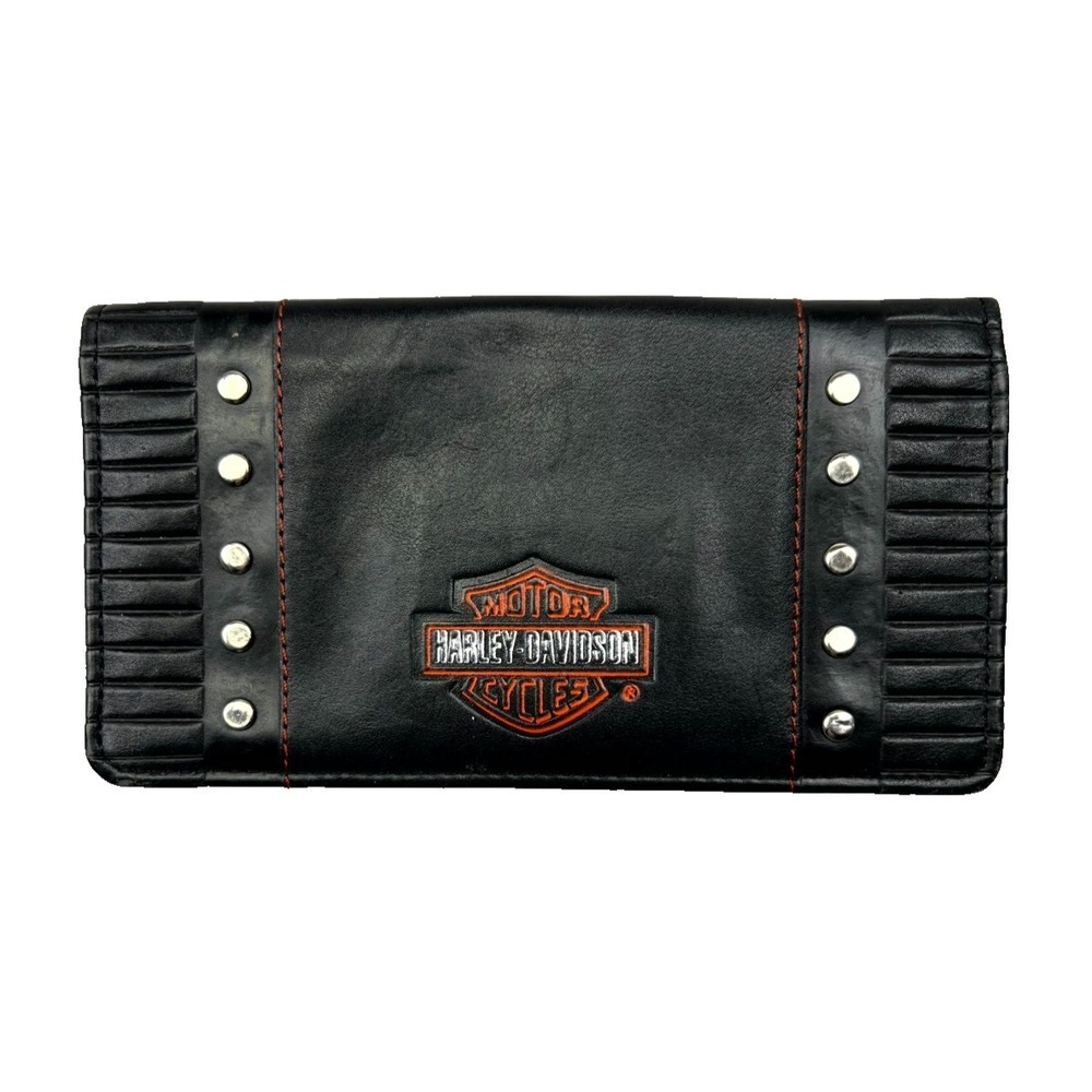 Harley-Davidson Side Tear Checkbook Cover Black Leather Bifold Wallet Holder